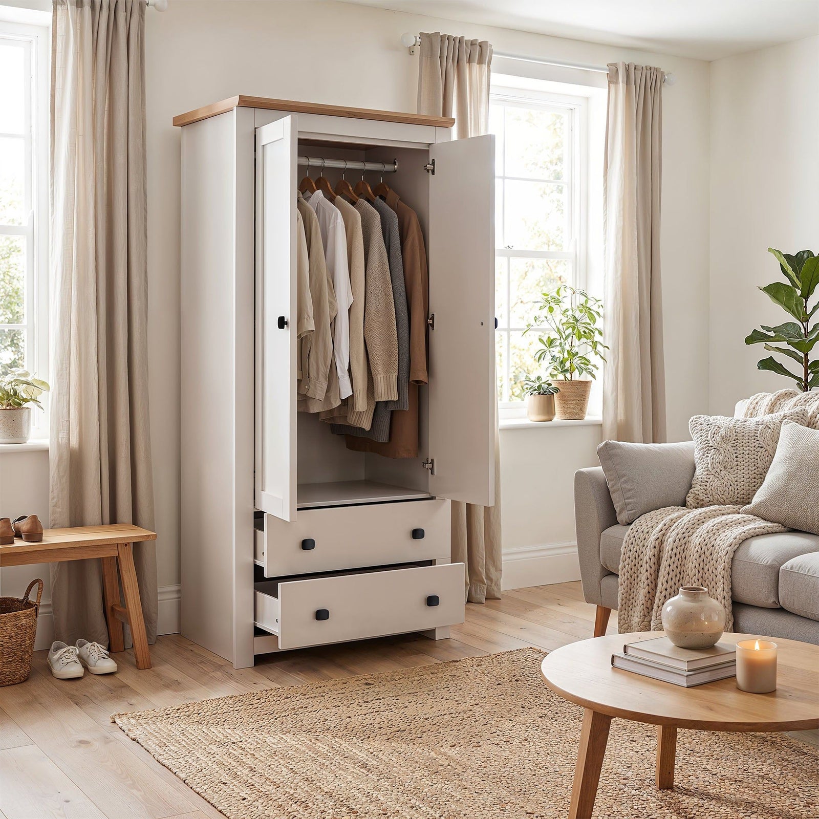 Milana 79cm 2-Door Hinged Wardrobe with 2 Drawers in Beige – product detail
