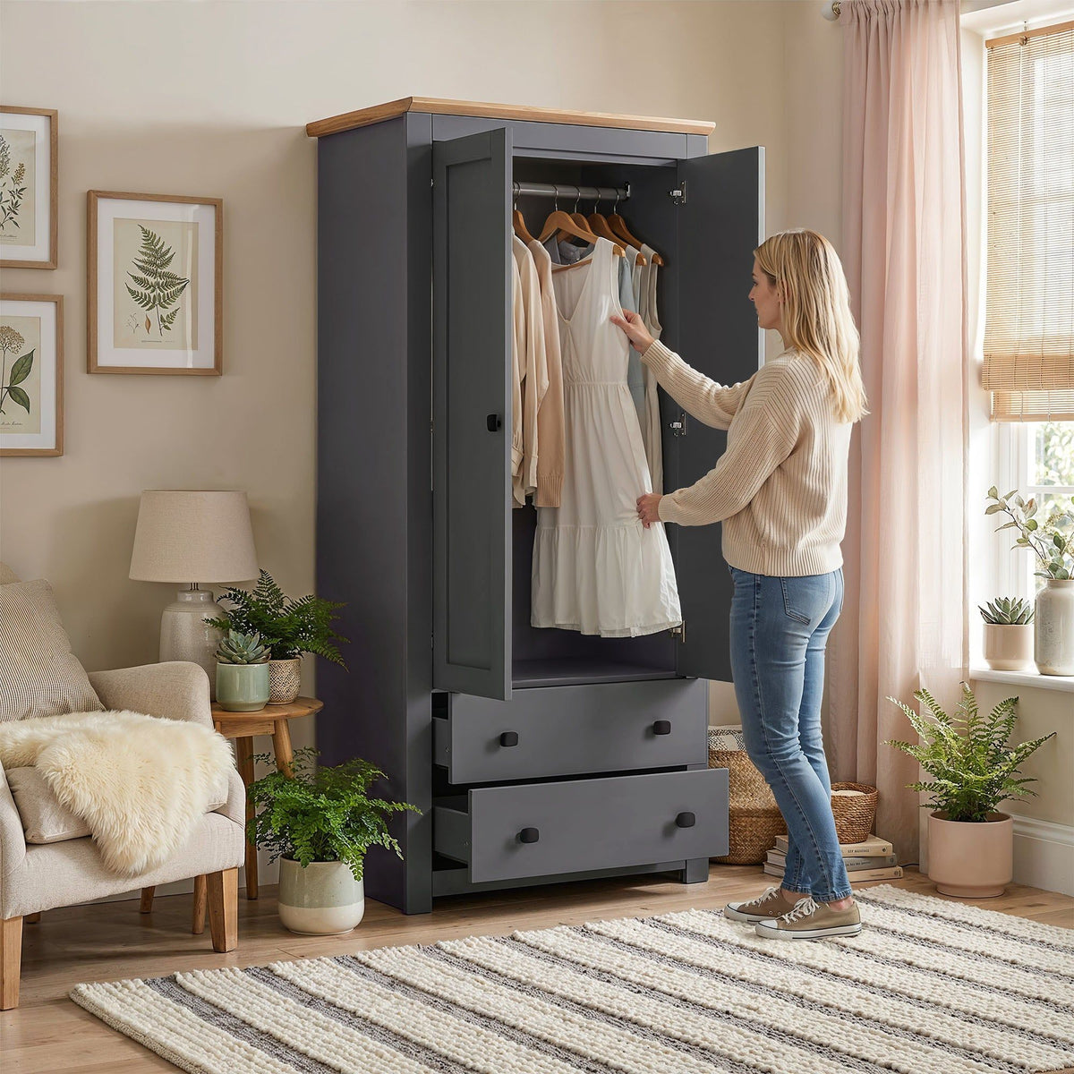 Milana 79cm 2-Door Hinged Wardrobe with 2 Drawers in Grey – product detail