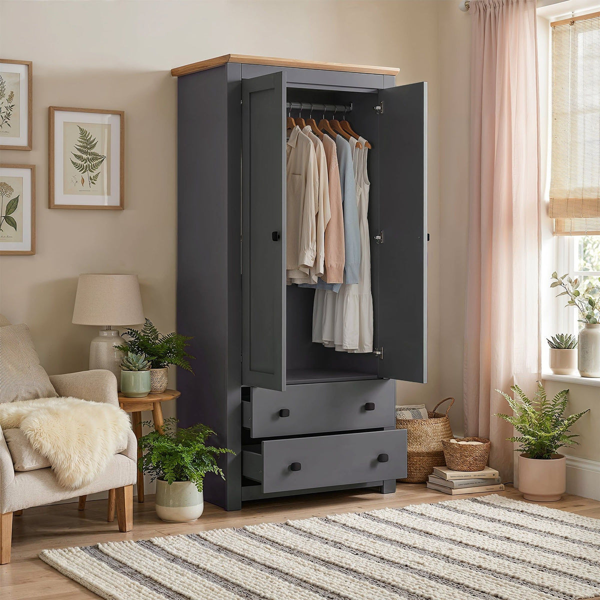 Milana 79cm 2-Door Hinged Wardrobe with 2 Drawers in Grey – product detail