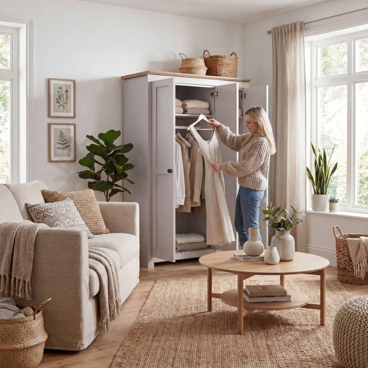 Milana 119cm 3-Door Hinged Wardrobe in Beige – product detail