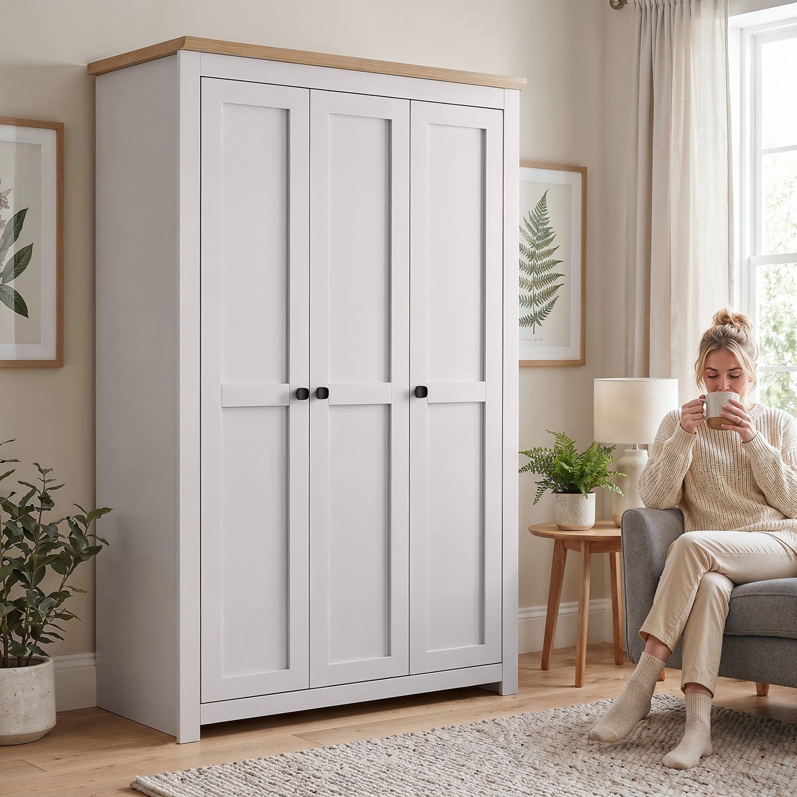 Milana 119cm 3-Door Hinged Wardrobe in Beige – product detail