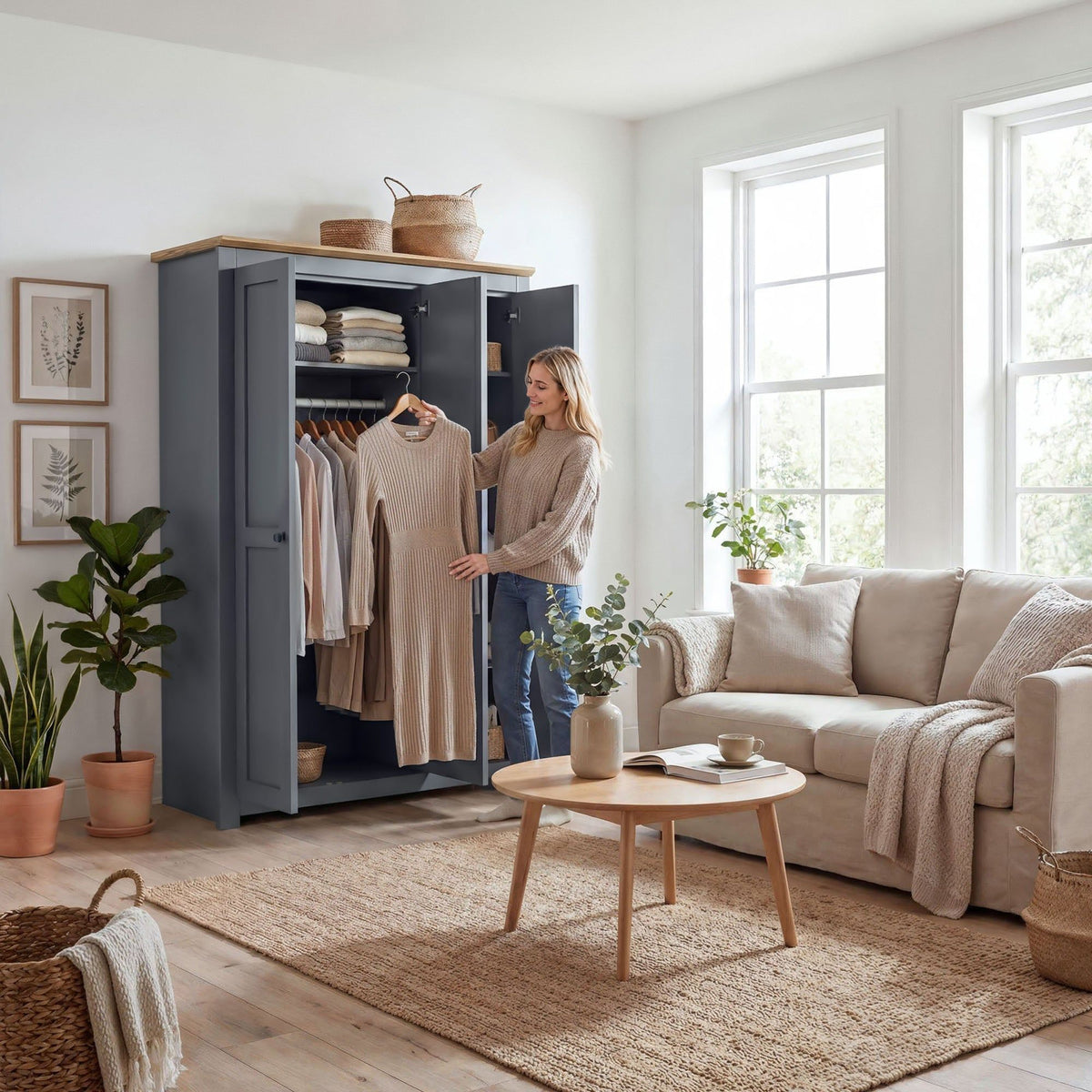 Milana 119cm 3-Door Hinged Wardrobe in Grey – product detail