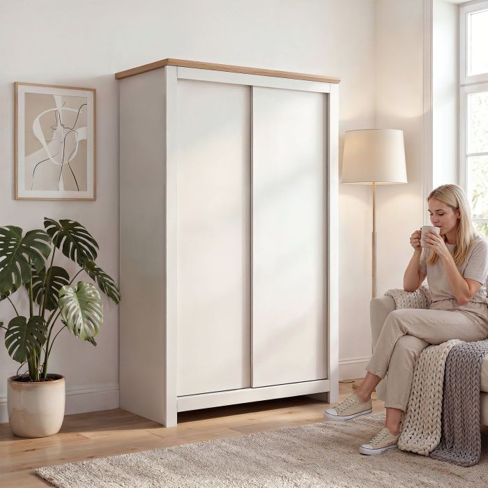 Milana 115cm 2-Door Sliding Wardrobe in Beige