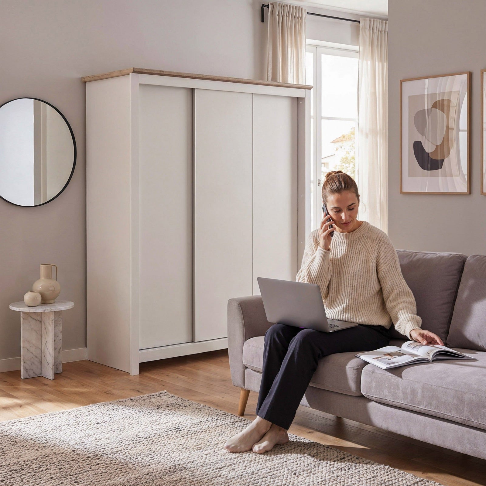 Milana 180cm 3-Door Sliding Wardrobe in Beige – product detail