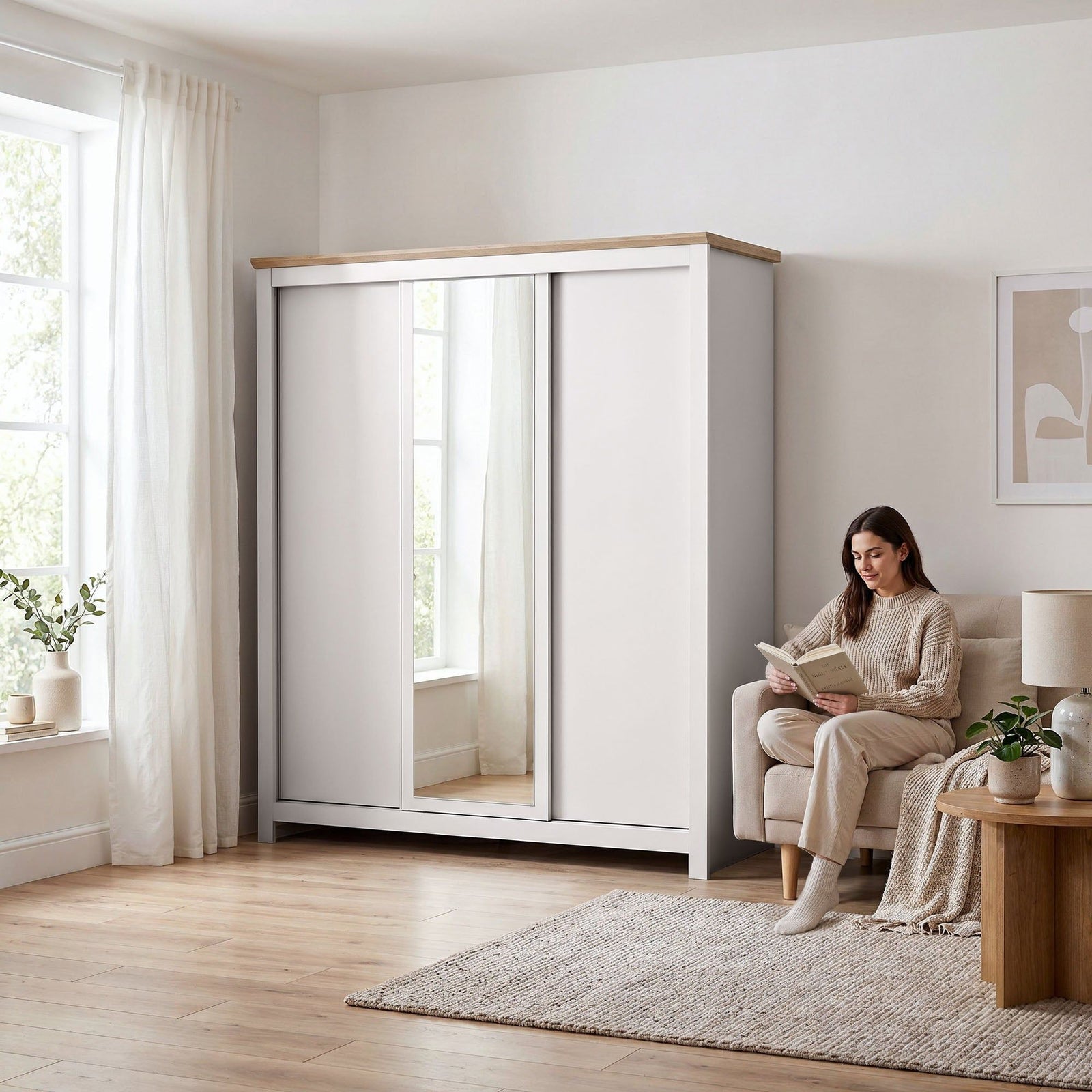 Milana 180cm 3-Door Mirrored Sliding Wardrobe in Beige – product detail