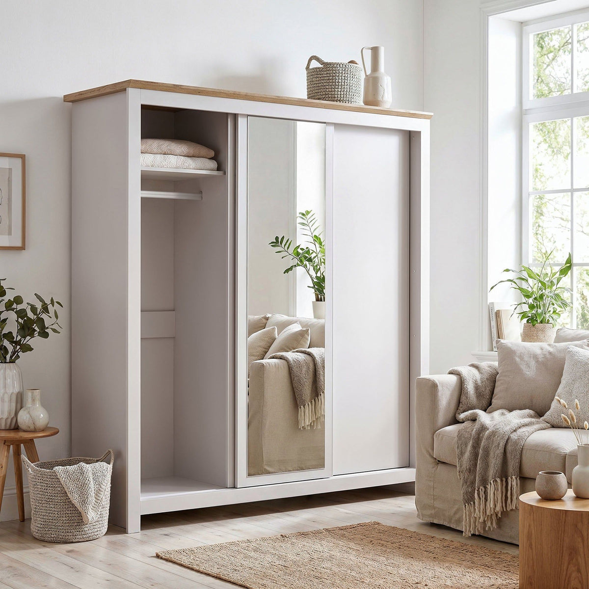 Milana 180cm 3-Door Mirrored Sliding Wardrobe in Beige – product detail