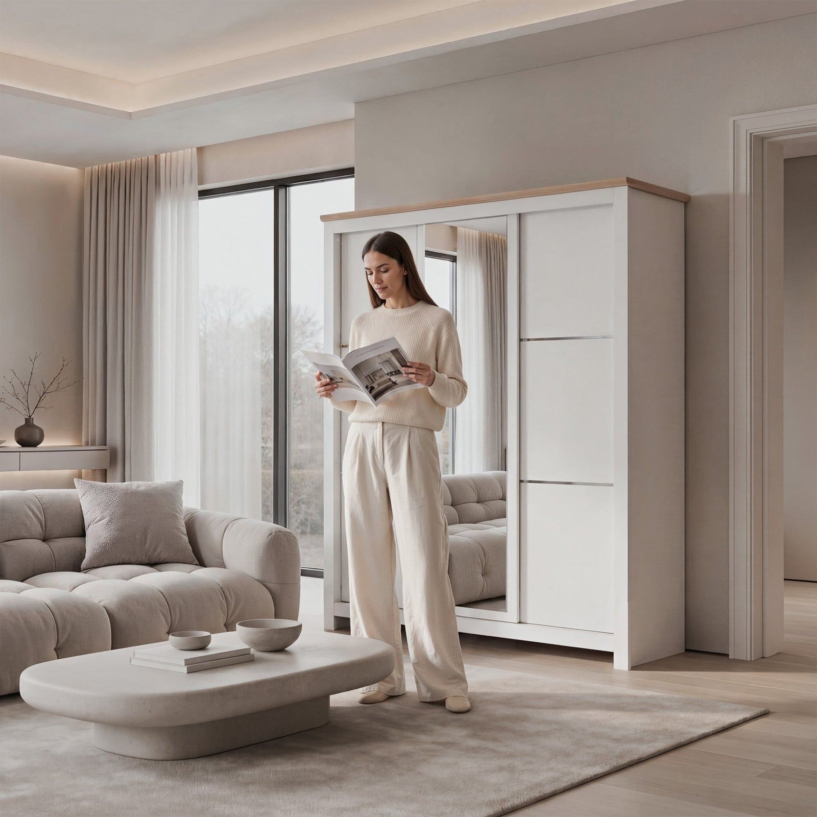 Milana II 180cm 3-Door Mirrored Sliding Wardrobe in Beige – product detail