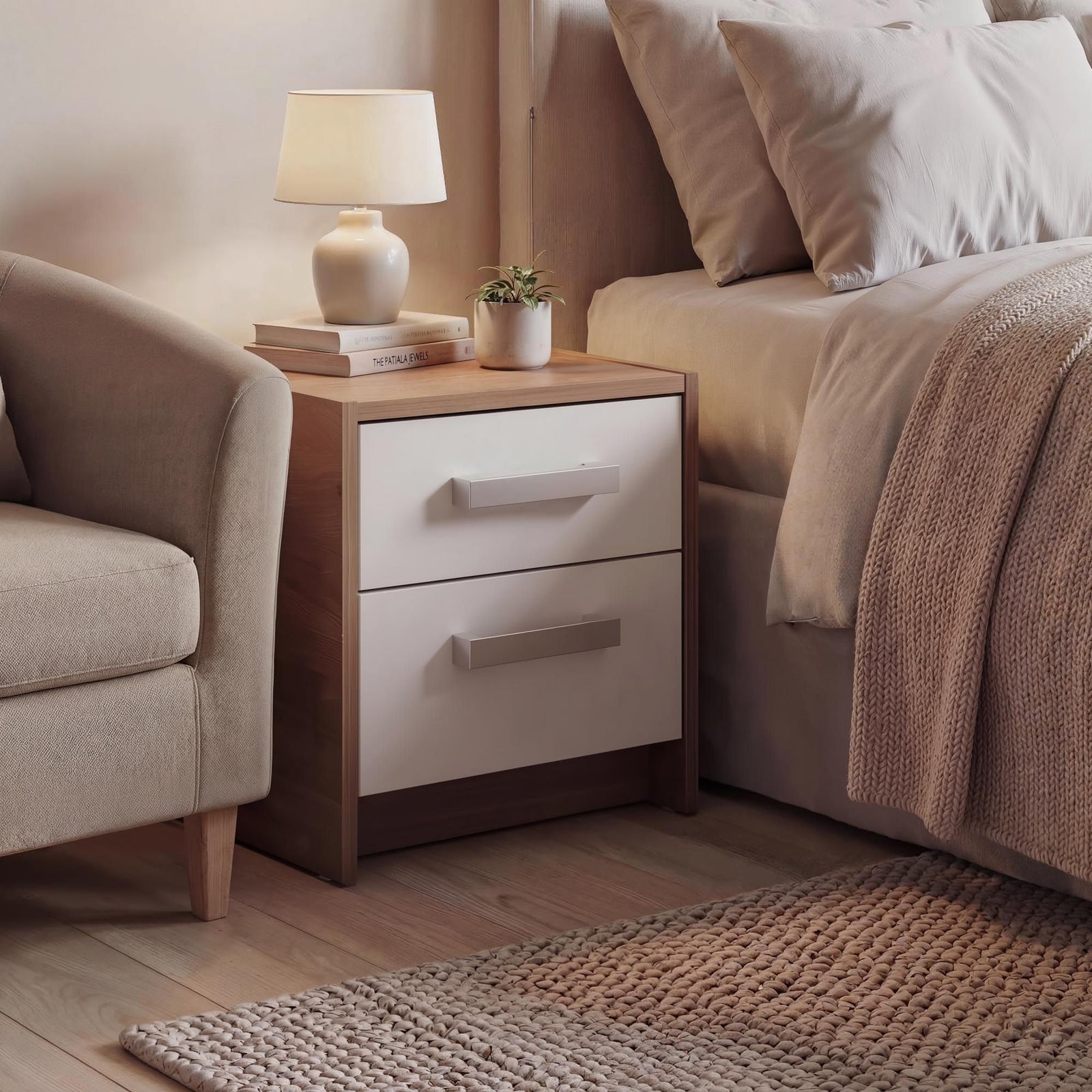 Rusi 40cm 2-Drawer Bedside Table – Oak & White product view 7