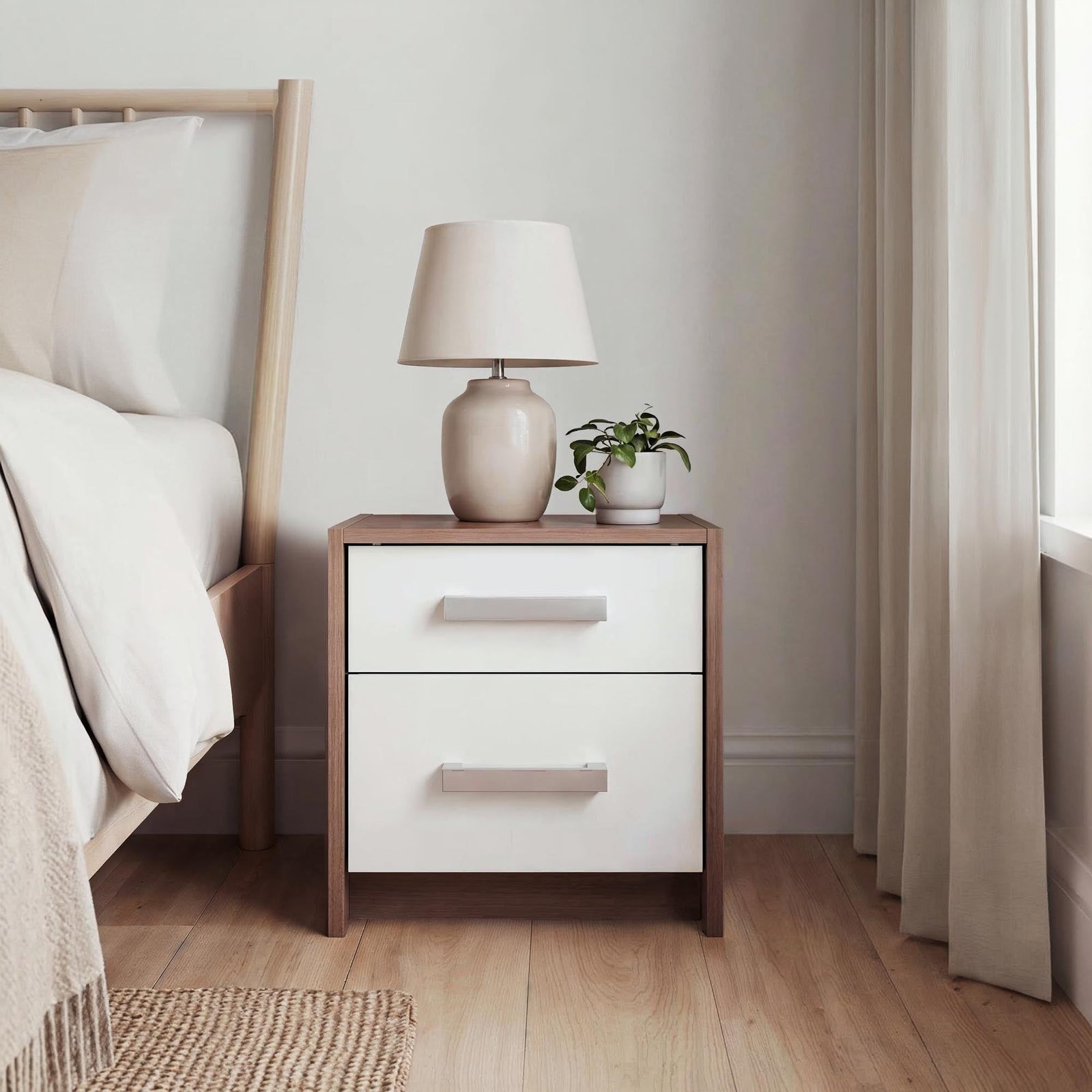 Rusi 40cm 2-Drawer Bedside Table – Oak & White product view 8