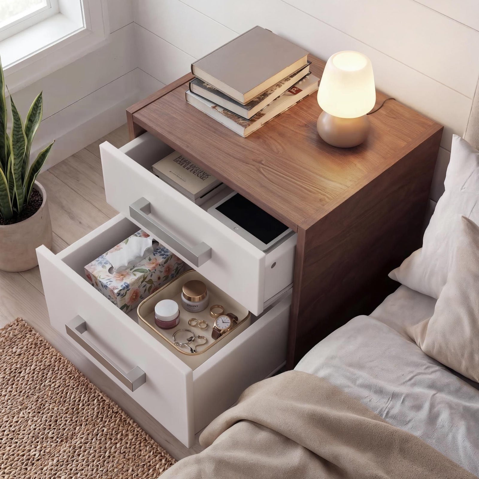 Rusi 40cm 2-Drawer Bedside Table – Oak & White product view 5
