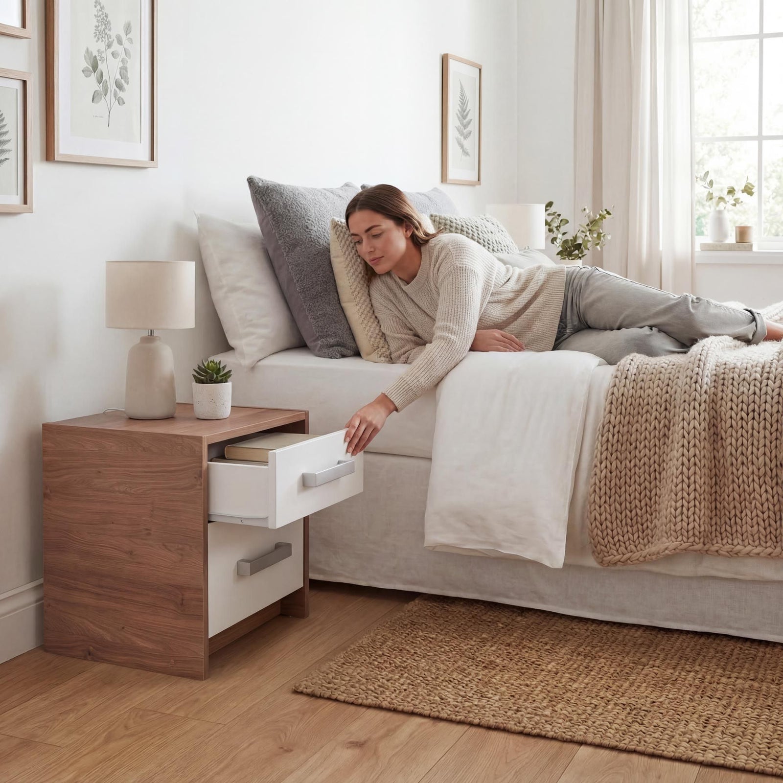 Rusi 40cm 2-Drawer Bedside Table – Oak & White product view 6