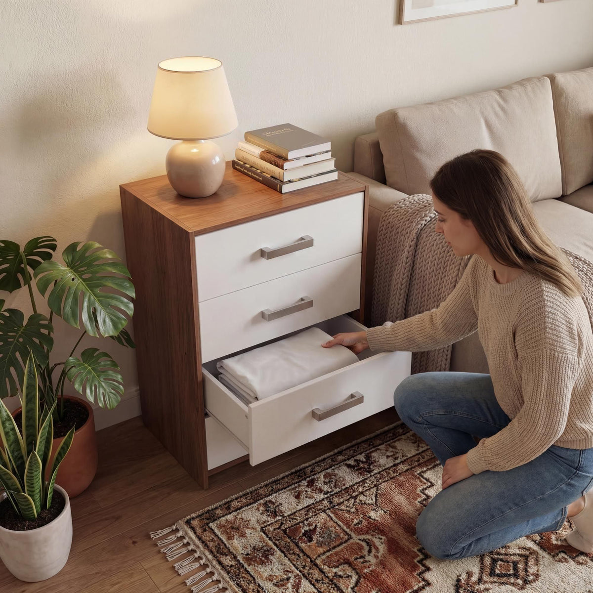 Rusi 60cm Narrow 4-Drawer Chest – Oak & White product view 7