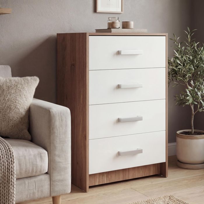 Rusi 60cm Narrow 4-Drawer Chest – Oak & White product view 1