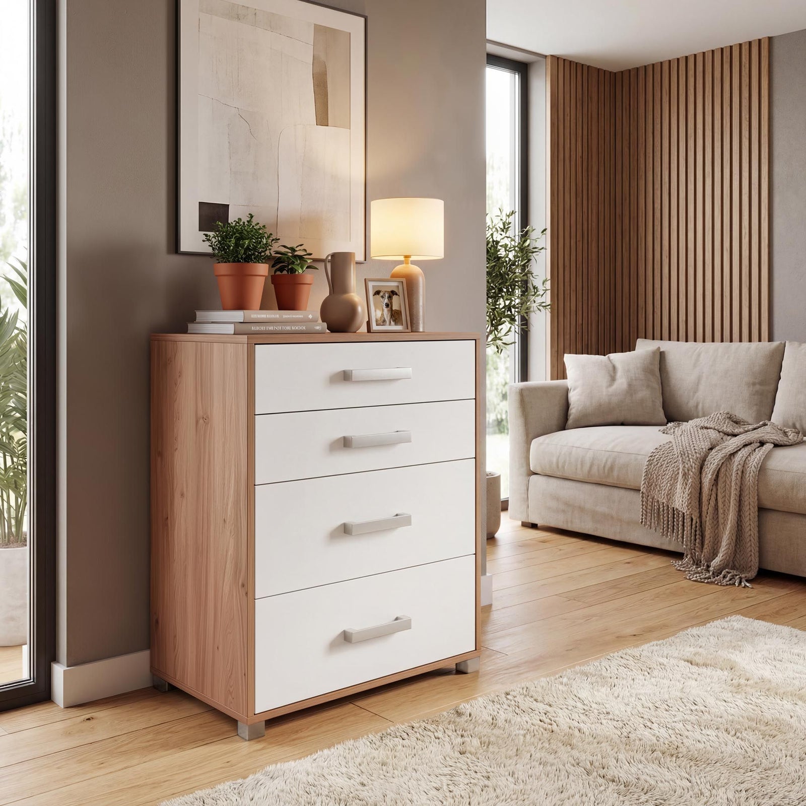 Rusi 63cm 4-Drawer Chest of Drawers – Oak & White product view 7