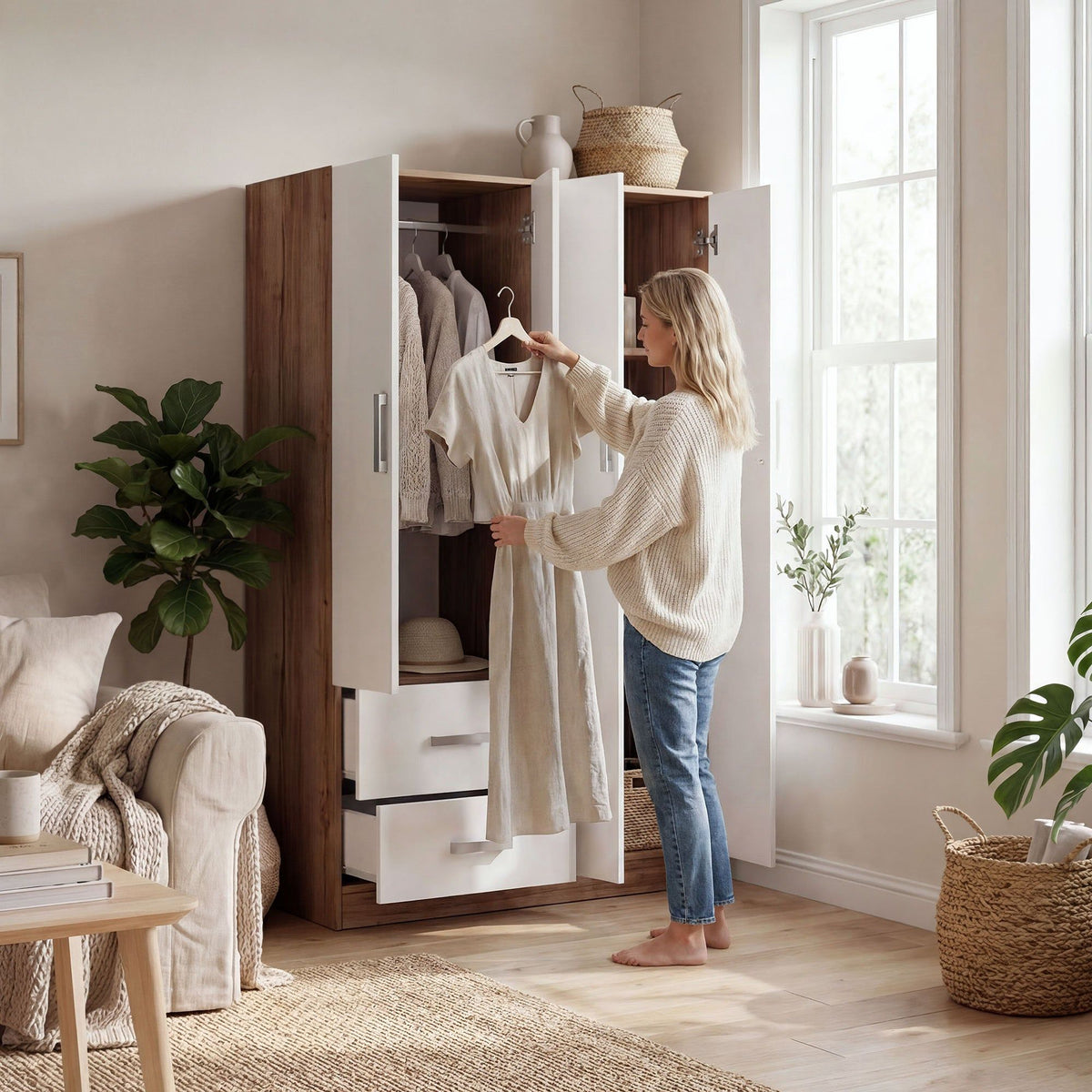 Rusi 120cm 4-Door Hinged Wardrobe with 2 Drawers in Medium Wood – product detail