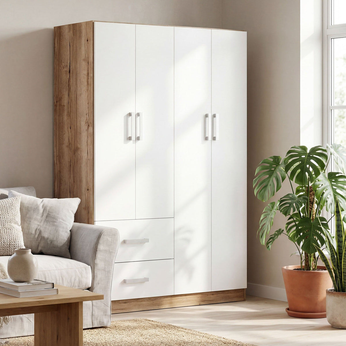 Rusi 120cm 4-Door Hinged Wardrobe with 2 Drawers in Medium Wood – product detail