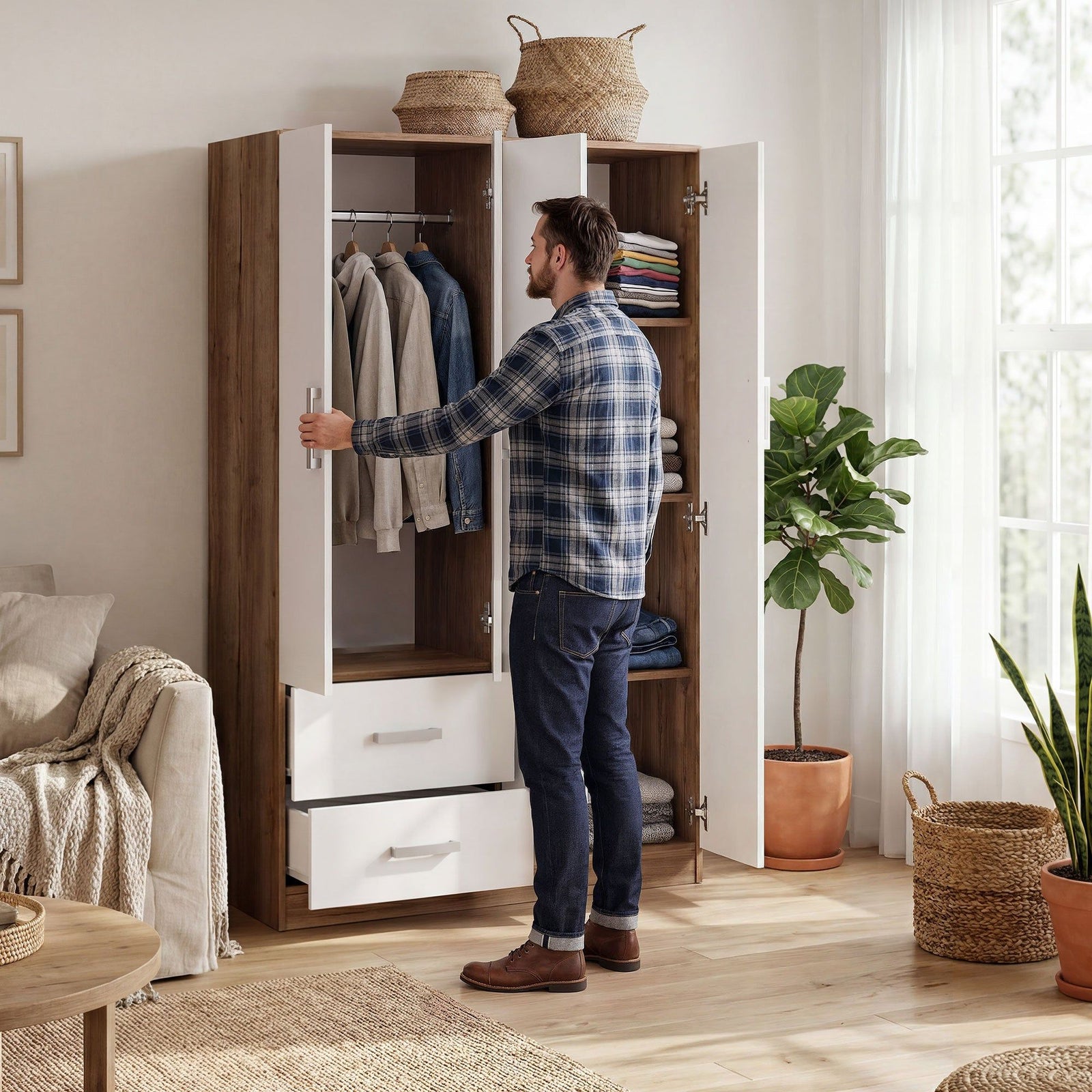 Rusi 120cm 4-Door Hinged Wardrobe with 2 Drawers in Medium Wood – product detail
