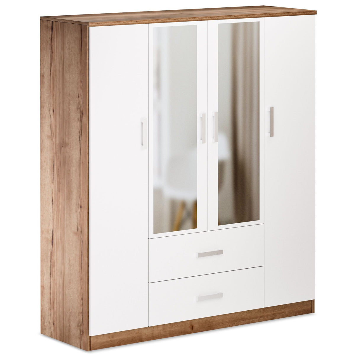 Rusi 156cm 4-Door Mirrored Hinged Wardrobe with 2 Drawers in Medium Wood – product detail