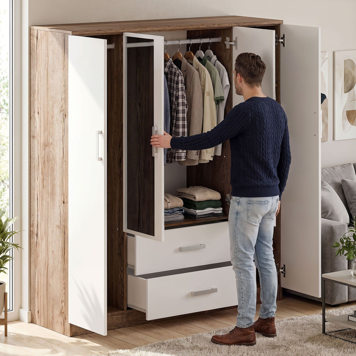 Rusi 156cm 4-Door Mirrored Hinged Wardrobe with 2 Drawers in Medium Wood – product detail