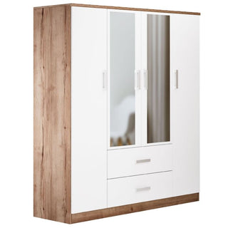 Rusi 156cm 4-Door Mirrored Hinged Wardrobe with 2 Drawers in Medium Wood