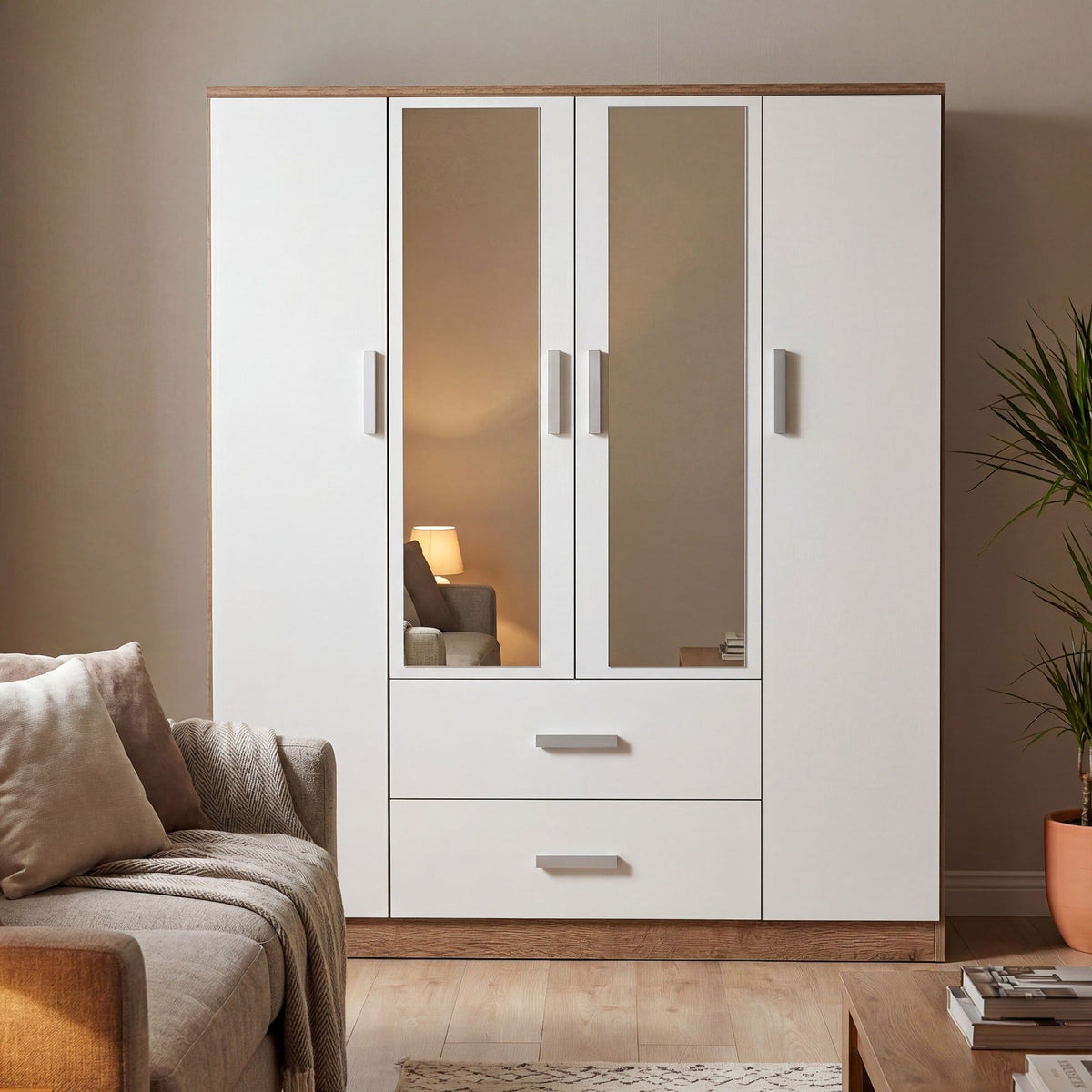 Rusi 156cm 4-Door Mirrored Hinged Wardrobe with 2 Drawers in Medium Wood – product detail