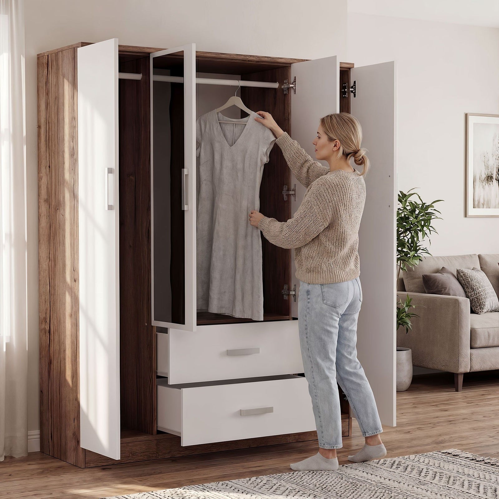 Rusi 156cm 4-Door Mirrored Hinged Wardrobe with 2 Drawers in Medium Wood – product detail