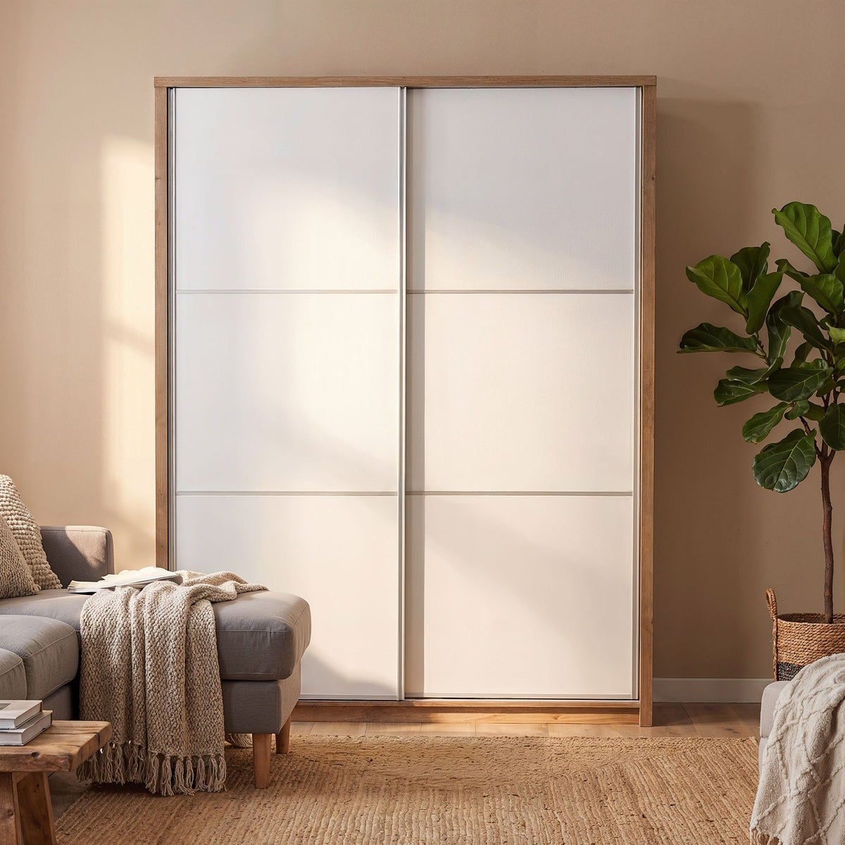 Rusi 155cm 2-Door Sliding Wardrobe in Medium Wood – product detail