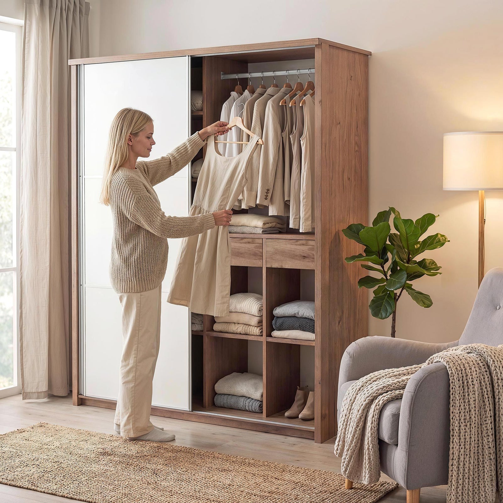 Rusi 155cm 2-Door Sliding Wardrobe in Medium Wood – product detail