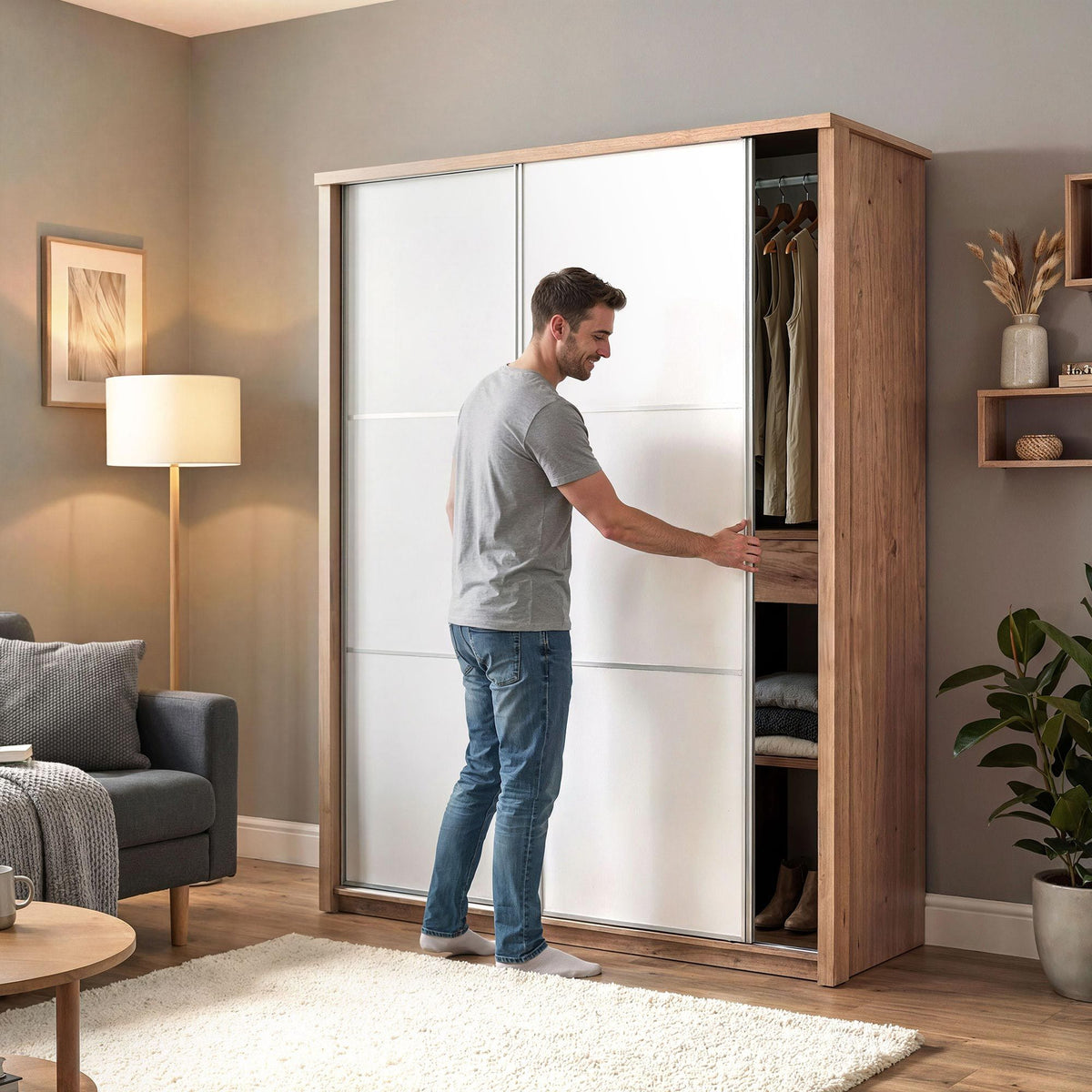 Rusi 155cm 2-Door Sliding Wardrobe in Medium Wood – product detail