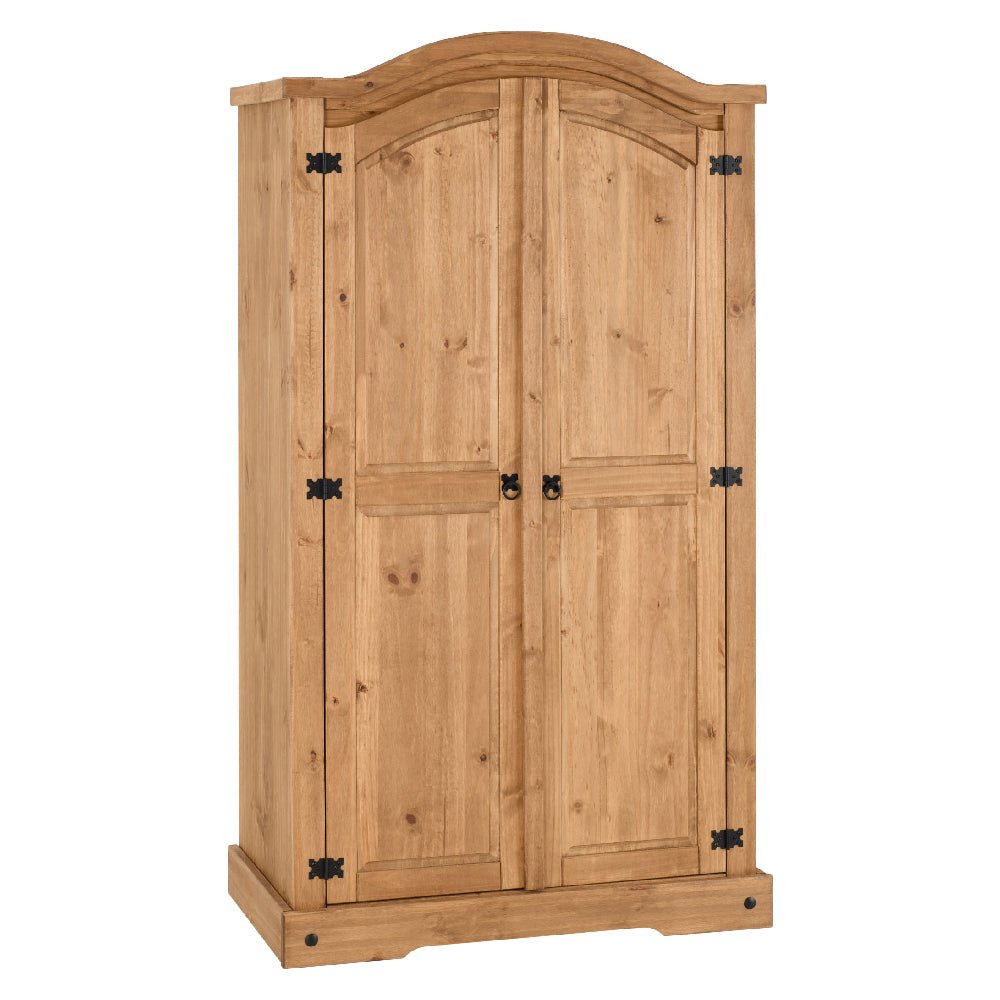 CHOICEWARDROBE two-door oak finish wardrobe with arched top doors and black metal hinges.