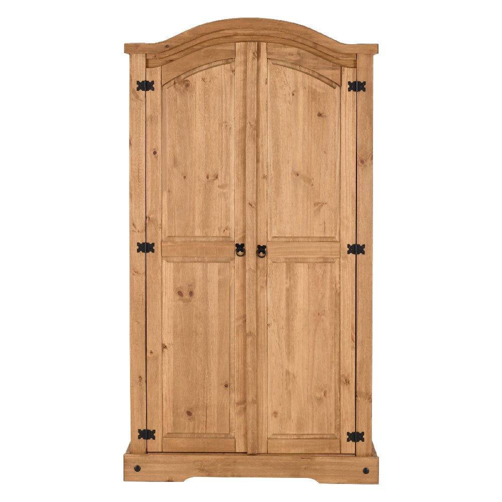 CHOICEWARDROBE Central Hinged Wardrobe, 2-door oak finish with black metal hinges and arched top.