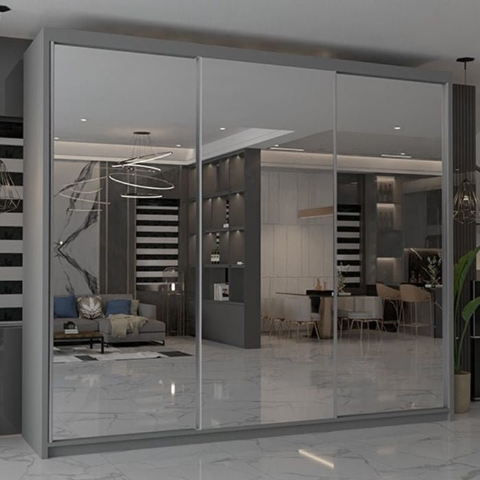 Grey CHOICEWARDROBE Chicago II 250cm sliding door wardrobe with 3 mirrored doors.