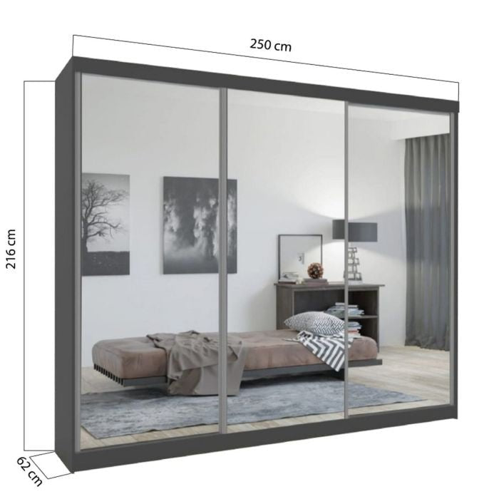 CHOICEWARDROBE Chicago II 250cm grey sliding door wardrobe with 3 mirrored doors.
