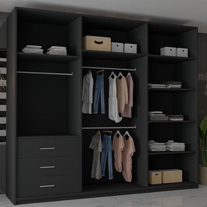 The CHOICEWARDROBE Chicago II 250cm Sliding Door Wardrobe in grey features mirrored 3-doors, shelves, drawers, and hanging rods for spacious bedroom storage. Clothes are organized neatly with boxes on the top shelves and bottom compartments.