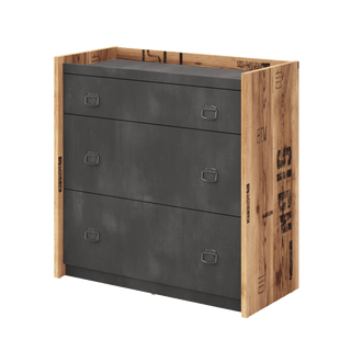 The CHOICE Fairbourne 3 Drawer Chest features black metal fronts, metal handles, reclaimed wood effect sides, and a raw steel frame with distressed markings for an industrial look. Perfect for storage against a plain white background.