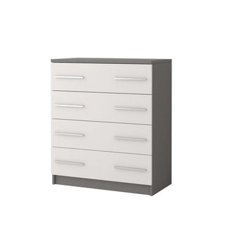 The CHOICE Orlan 4 Drawer Chest is a matt grey and white modern bedroom storage unit with silver handles and a flat base, offering a clean, contemporary look perfect for modern interiors.