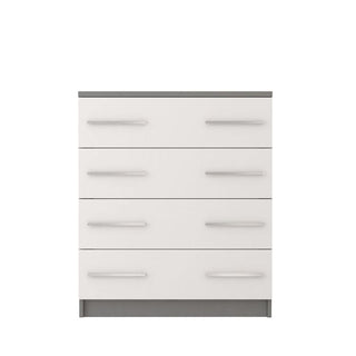 The CHOICE Orlan 4 Drawer Chest in matt grey & white features horizontal handles and a minimalist modern design, ideal for contemporary bedrooms. Set against a plain white background, it offers stylish storage and sleek appeal.