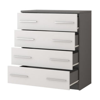 The CHOICE Orlan 4 Drawer Chest is a matt grey and white modern storage unit with a black frame and sleek handles—ideal contemporary bedroom furniture.