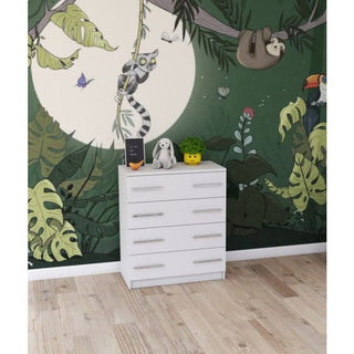 The CHOICE Orlan 4 Drawer Chest – Matt White Finish stands on a wooden floor before a jungle mural featuring a lemur, sloth, toucan, and plants. On top are a toy dog, yellow block, and small sign. Modern bedroom storage style.