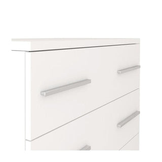 A partial view of the CHOICE Orlan 4 Drawer Chest in matt white finish, with modern horizontal drawers and long silver handles, photographed from the upper left corner against a white background.