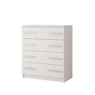 The CHOICE Orlan 4 Drawer Chest – Matt White Finish offers modern bedroom storage with a clean, rectangular design, smooth flat top, and simple horizontal handles for a sleek, contemporary look.