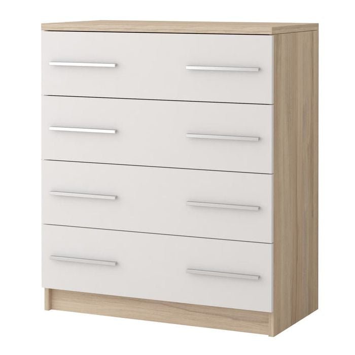 CHOICE Orlan 4 drawer chest in Sonoma Oak and white with silver handles