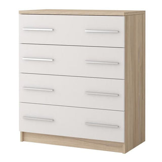 The CHOICE Orlan 4 Drawer Chest – Sonoma Oak & White is a modern wooden storage unit with a Sonoma Oak frame and four sleek white drawers, each fitted with silver handles, perfect against a classic white backdrop.