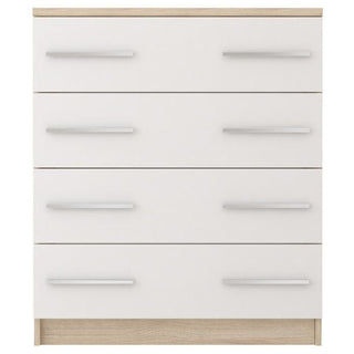 The CHOICE Orlan 4 Drawer Chest – Sonoma Oak & White is a modern wooden storage unit featuring a stylish frame and white fronts, offering clean, simple organization for any space.
