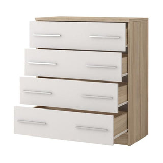 The CHOICE Orlan 4 Drawer Chest – Sonoma Oak & White is a modern wooden storage unit featuring a Sonoma Oak frame, top, and four white drawers with long silver handles.