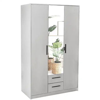 The CHOICEWARDROBE 120 cm in matt white is a modern 2-door mirrored wardrobe with drawers, offering sleek bedroom storage with hanging rail and shelves. The mirrored door reflects decor, adding style to your space.