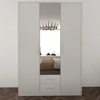 The CHOICEWARDROBE 120 cm Matt White 2 Door Mirrored Wardrobe offers sleek modern bedroom storage with a central mirror, drawers, hanging rail, and shelves—perfect for reflecting style and organizing your space.