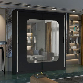 The CHOICEWARDROBE 120cm Sliding Door Mirrored Wardrobe in matt black with a central rounded mirror design is perfect for stylish bedroom storage, reflecting room décor while adding a modern touch.