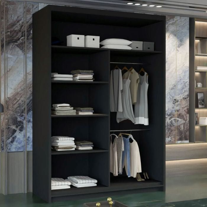 Matt black sliding door wardrobe interior with shelves of folded clothes, storage boxes, and hanging rails with garments.