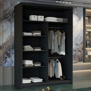 The CHOICEWARDROBE 120cm Sliding Door Mirrored Wardrobe in Matt Black features shelves for folded clothes, storage boxes, and pillows, plus two hanging rods for shirts and dresses—all in a stylish unit with a central rounded mirror design.